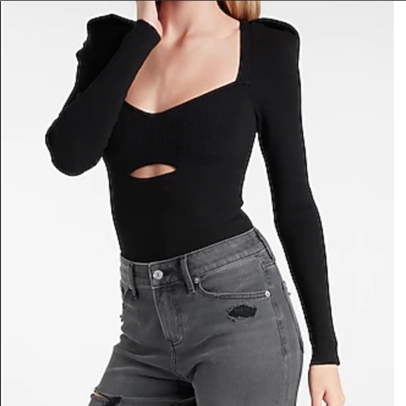 Express Tops - NWT! EXPRESS Ribbed Puff Shoulder Cutout Sweater Thong Bodysuit